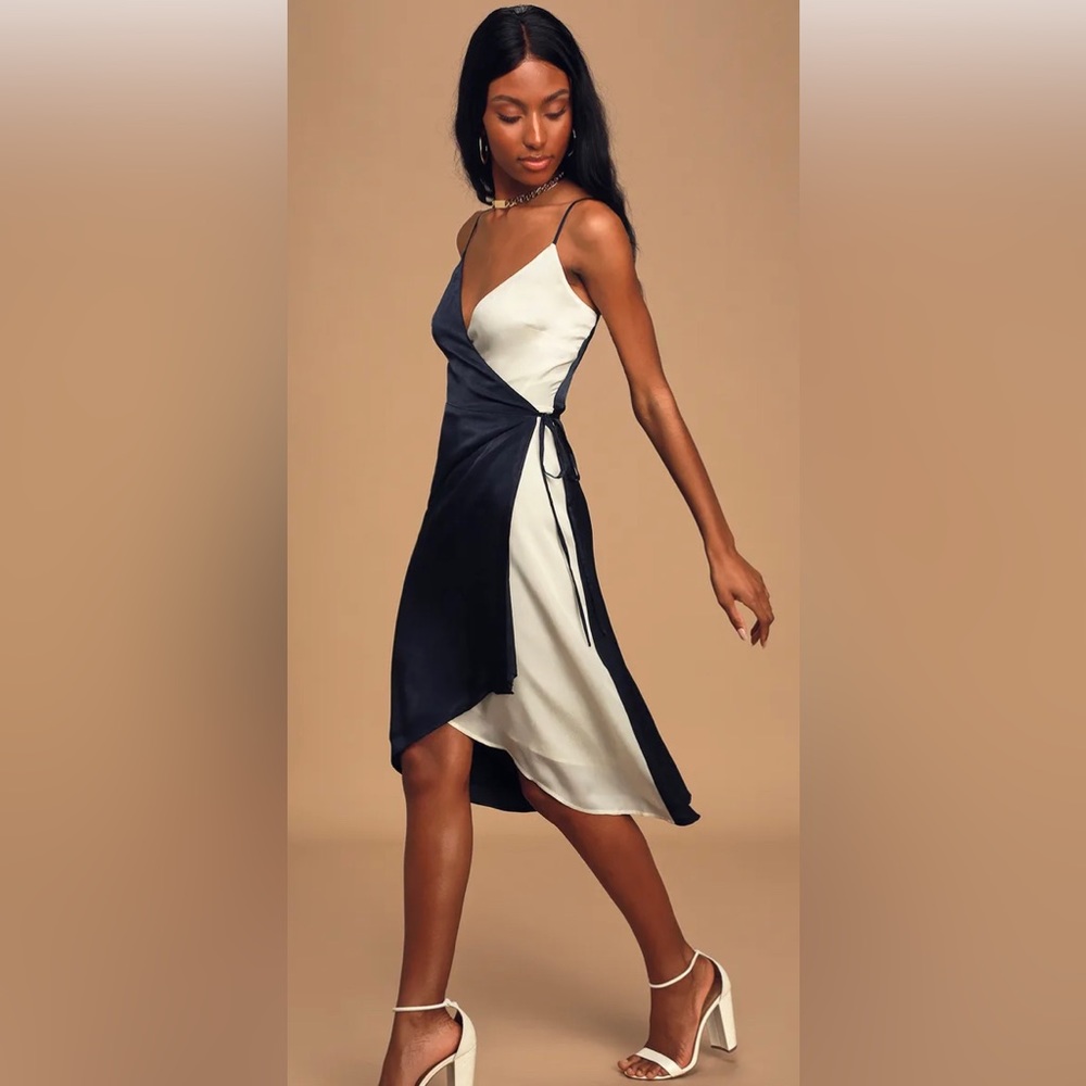 Cali Romanza Navy Blue and Ivory Color Block Satin Wrap Dress. NWT. 
Ali & Jay